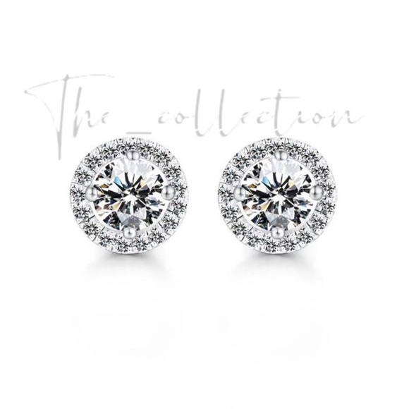 STERLING SILVER CLASSIC HALO ROUND CUT EARRINGS - Picture 3 of 3